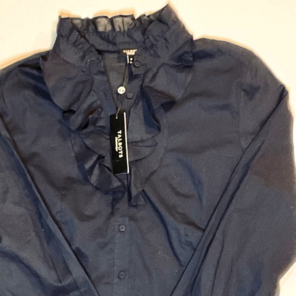 TALBOTS women's blouse navy ruffle long sleeve shirt button lightweight 12 NWT - Picture 2 of 8